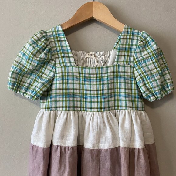 Handmade Children's Cotton Linen Green Blue Tarten White Dusty Mauve Dress - Picture 6 of 16